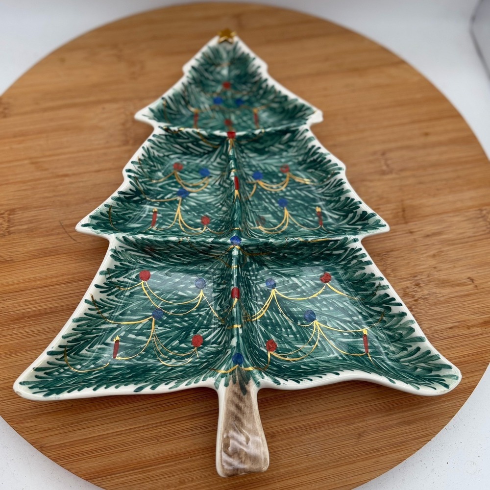 Vintage Italian Christmas Tree 1950s Hand Painted Ceramic Dish 14" Italy‎